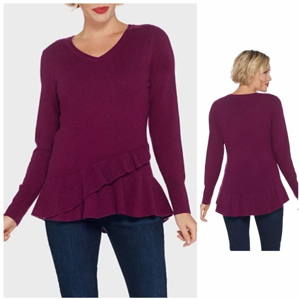 Isaac Mizrahi 2-Ply Cashmere Sweater V-Neck Ruffle Peplum Vivid Plum size S